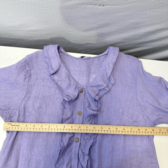 Womens 100% linen 3/4 Sleeve Button Front Blouse Size M Purple Ruffles Fairy - Picture 7 of 12